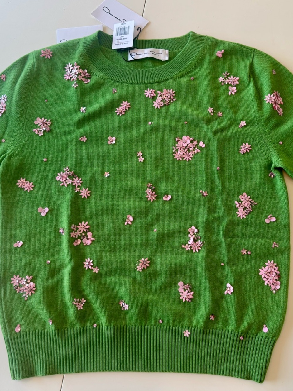 Oscar de la Renta Green Crewneck Sweater with Pink Floral Crystal Embroidery - Picture 10 of 16